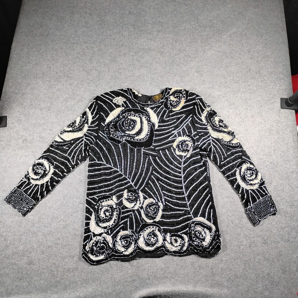 Sue's Allure Women's Vintage Beaded Sequin Silk Floral Blouse Top L 12-14 Black